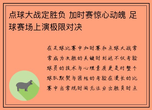 点球大战定胜负 加时赛惊心动魄 足球赛场上演极限对决