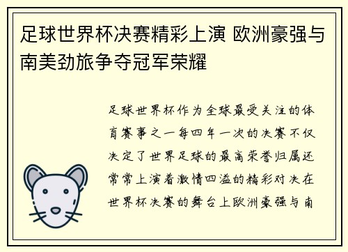 足球世界杯决赛精彩上演 欧洲豪强与南美劲旅争夺冠军荣耀